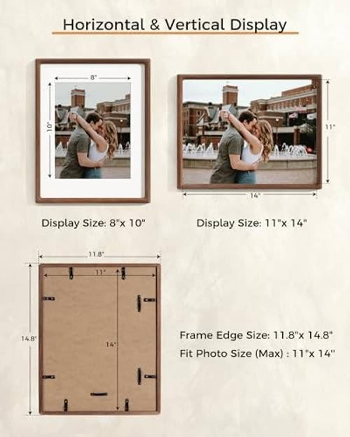 Walnut picture frame designed for horizontal and vertical photo display
