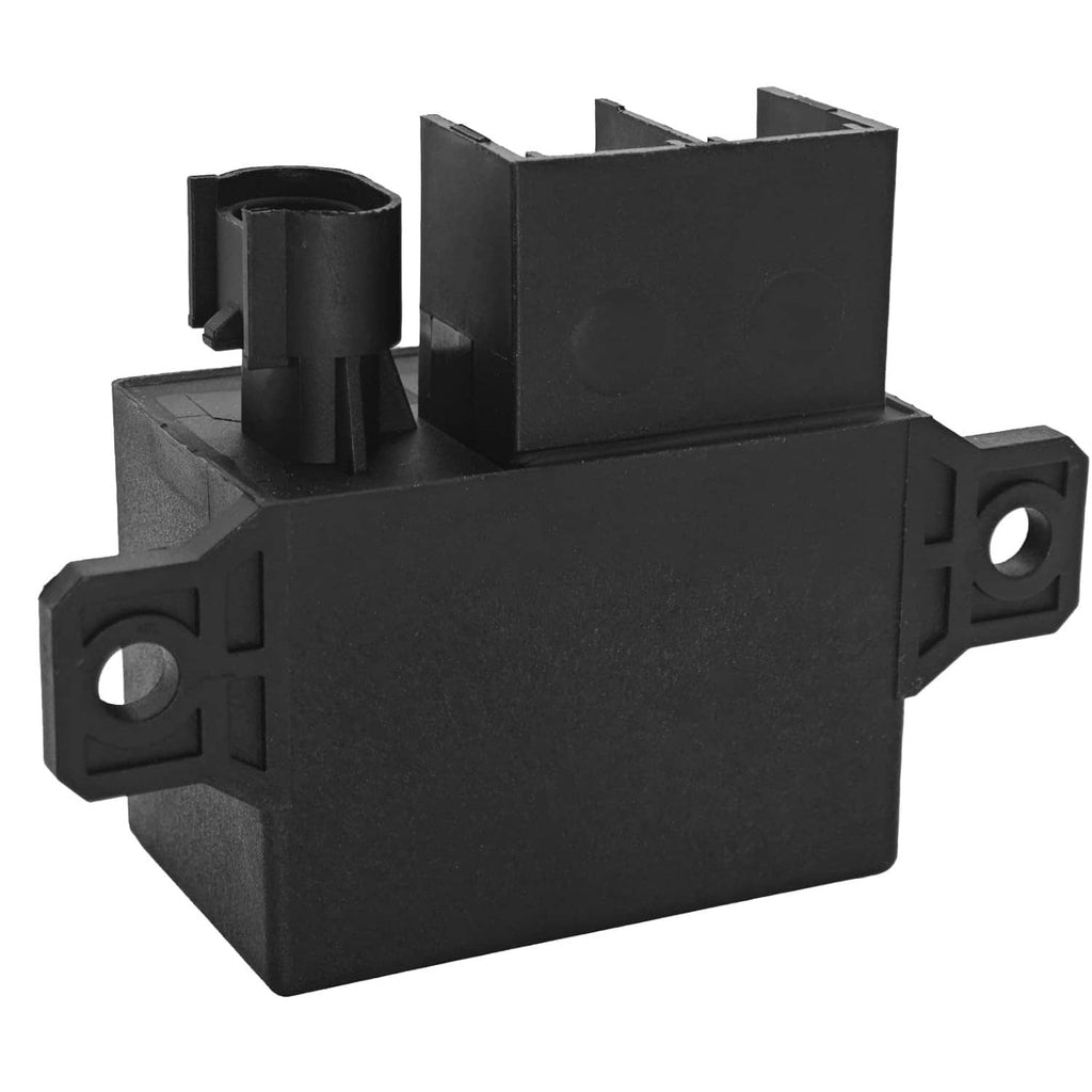 Black relay module with side connectors and circular mounting holes