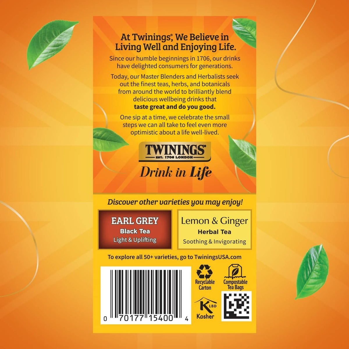 Twinings Lady Grey tea box back panel with barcode and “Drink in Life” branding