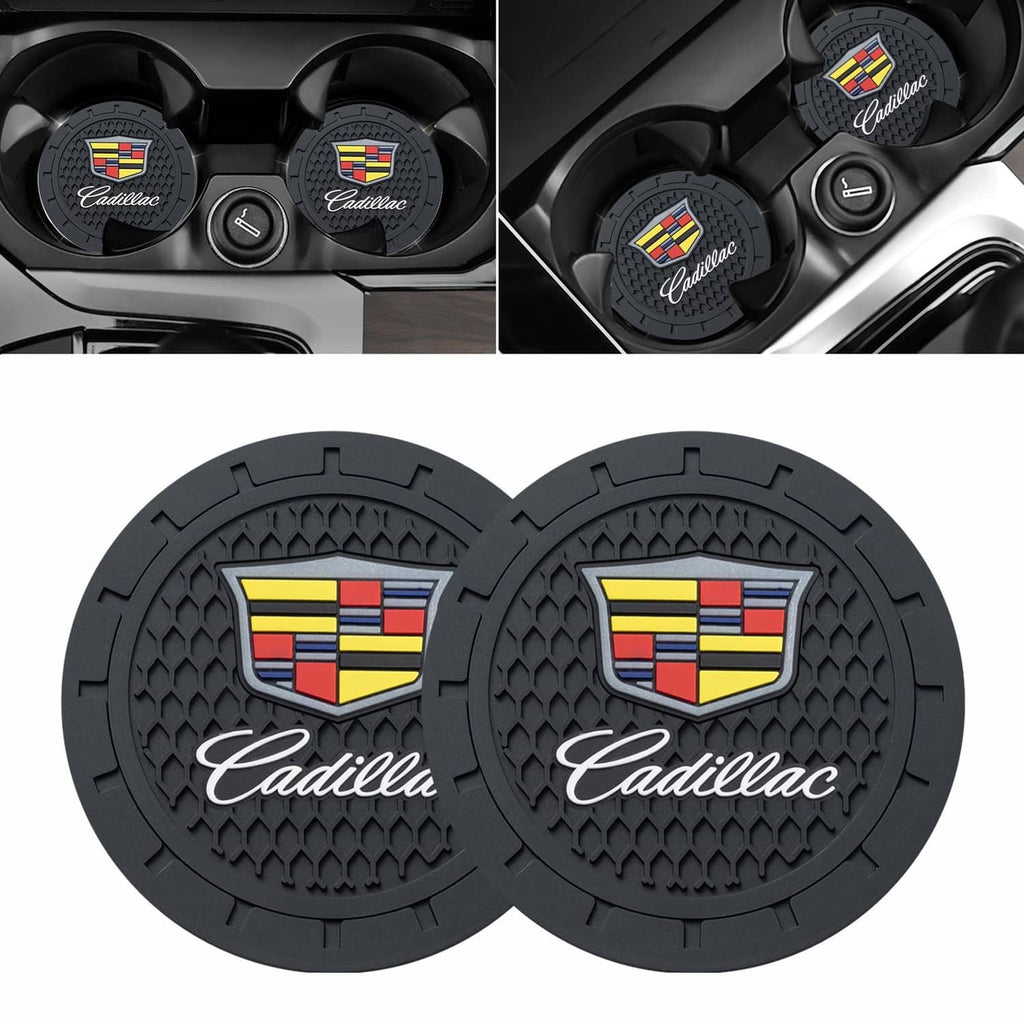 Black silicone cup holder coasters with Cadillac crest, set of 2 in car console
