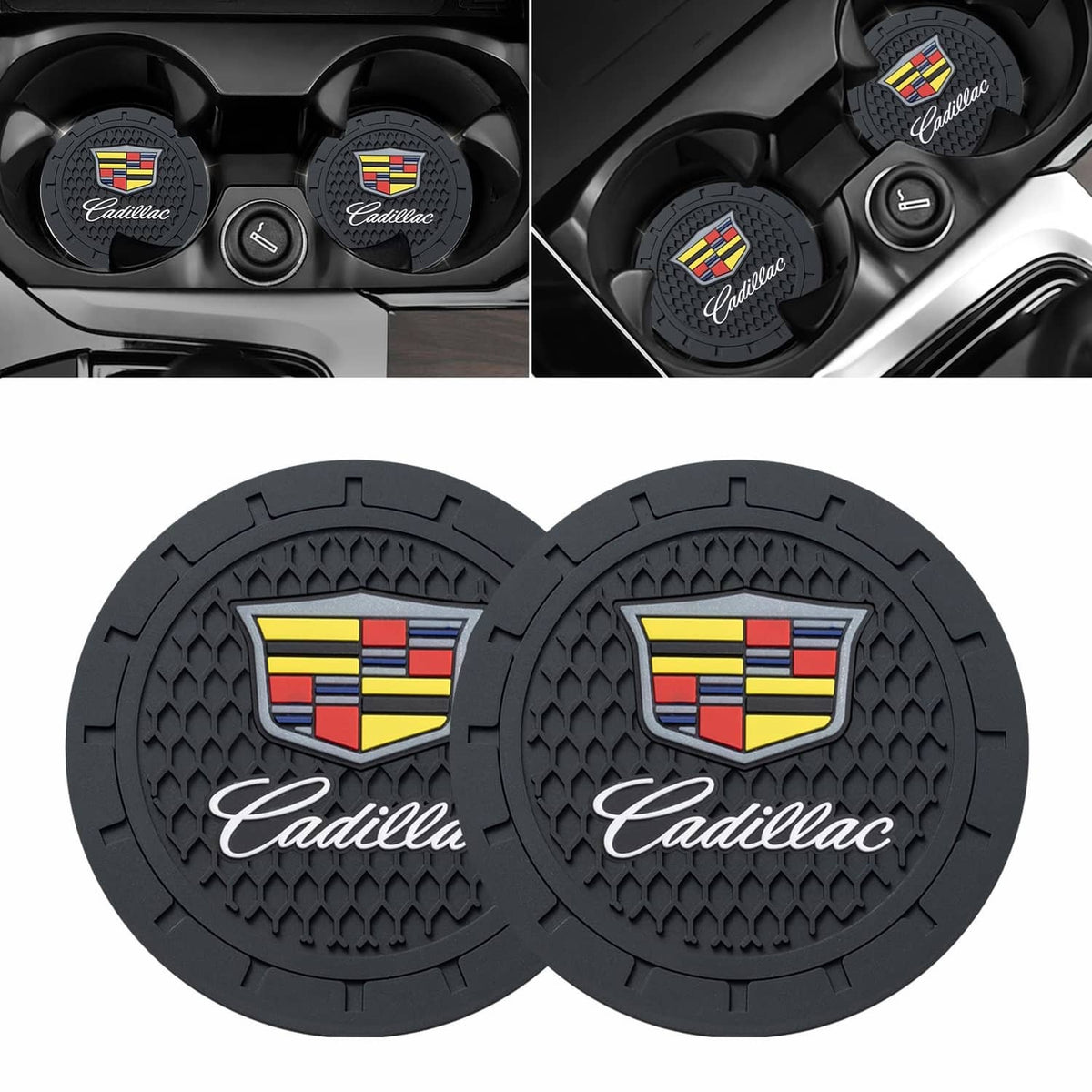 Black silicone cup holder coasters with Cadillac crest, set of 2 in car console