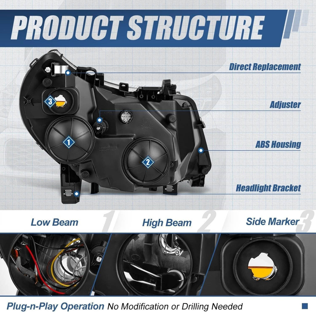 Headlight housing parts diagram with mounting bracket, adjuster, and side marker area