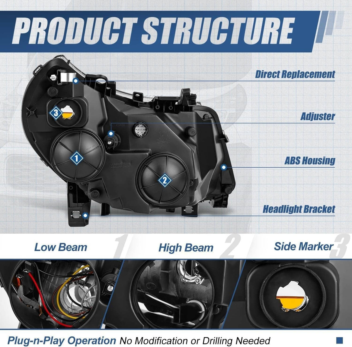 Headlight housing parts diagram with mounting bracket, adjuster, and side marker area