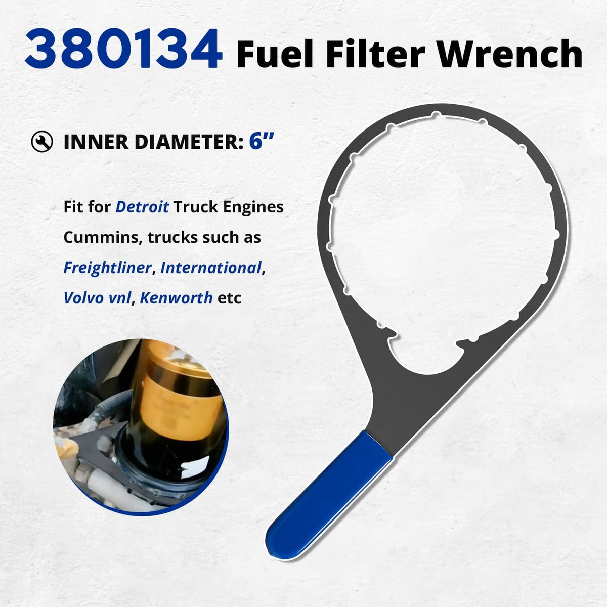 Fuel filter wrench with blue handle, circular disc for vent cap and collar access.