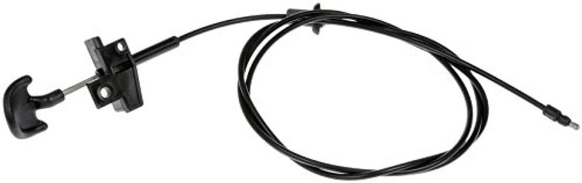 Hood release cable with release handle, black bracket, and cable