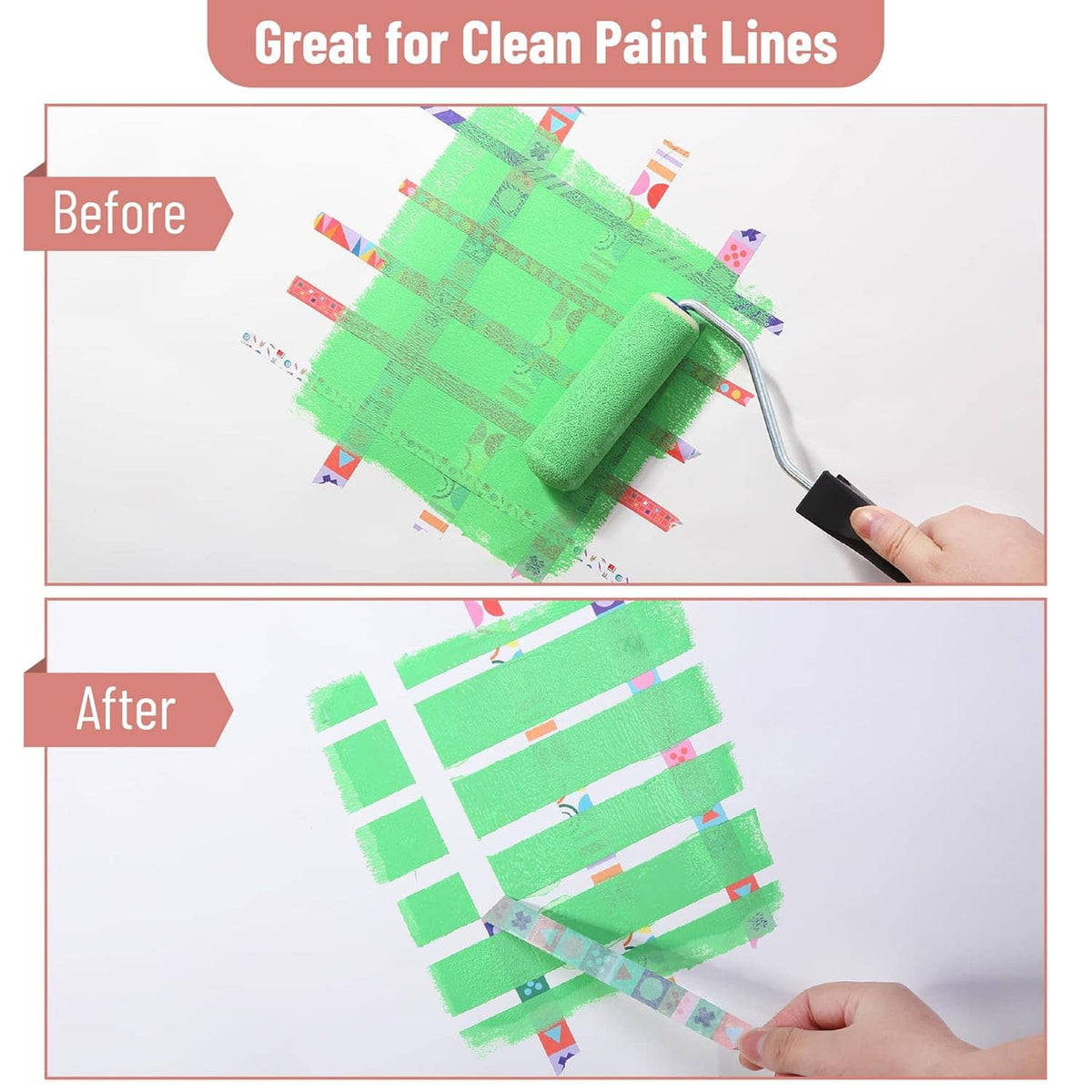 Green patterned washi tape strip used to create clean paint lines on craft