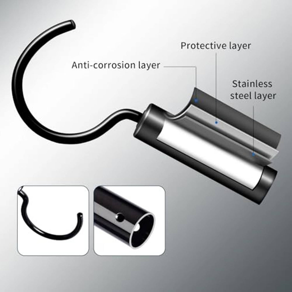 Pool cleaner hook with cutaway layered stainless sleeve and protective coatings