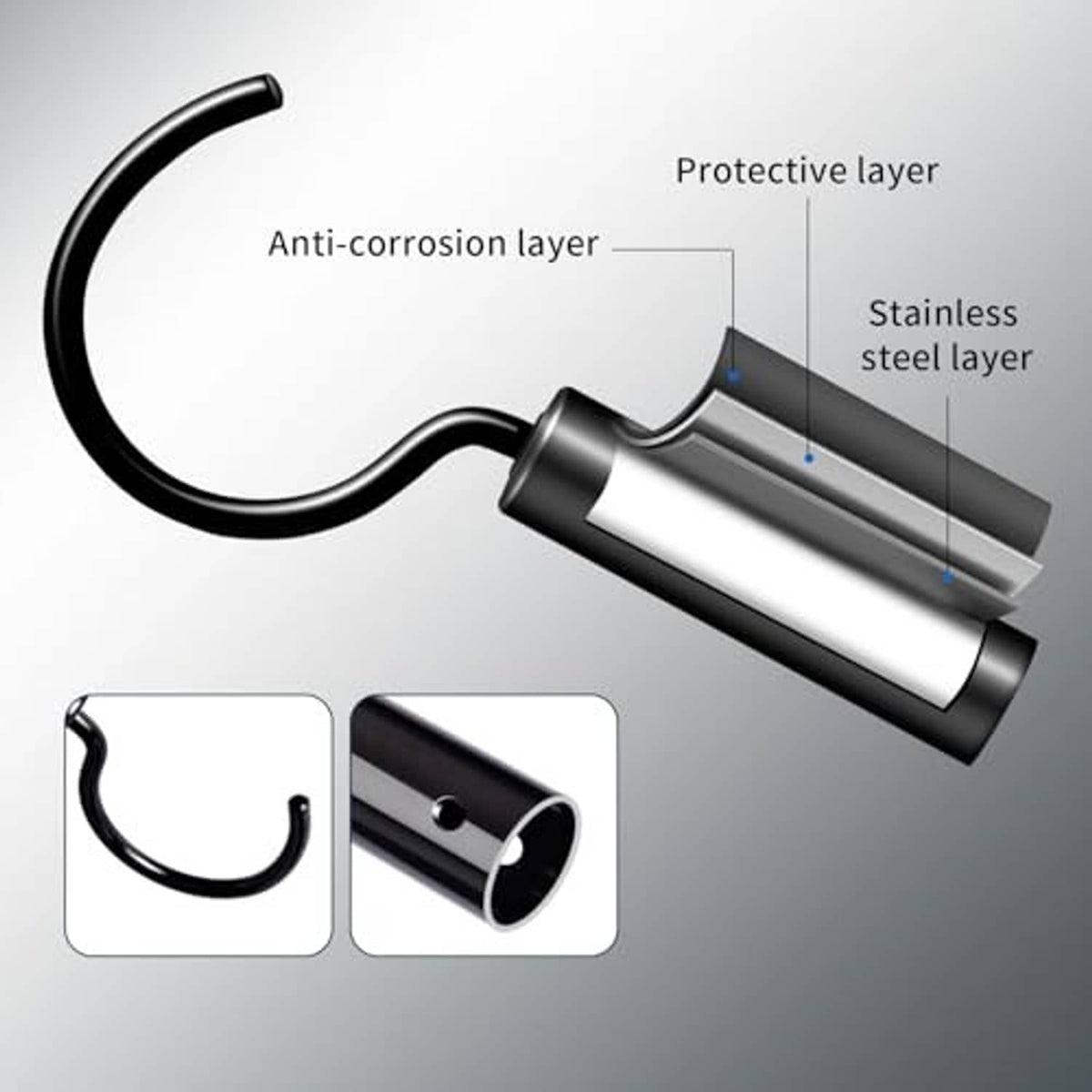 Pool cleaner hook with cutaway layered stainless sleeve and protective coatings