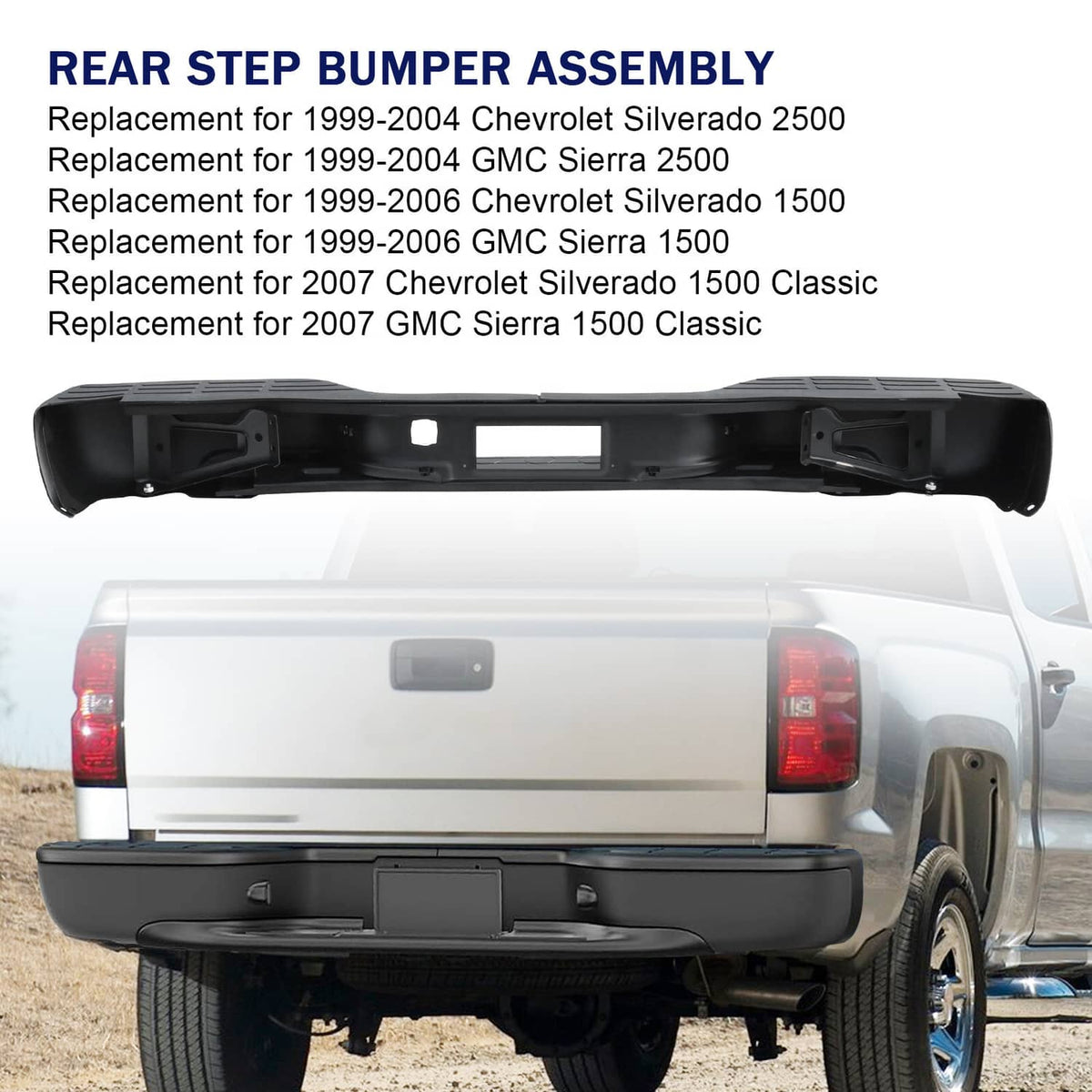Black rear step bumper assembly with mounting holes and rear vehicle fitment