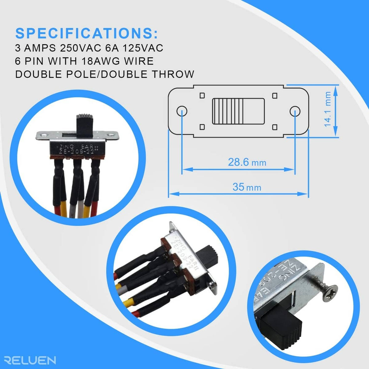 6-pin slide switch for ceiling fan reverse, with black wire housing and colored leads