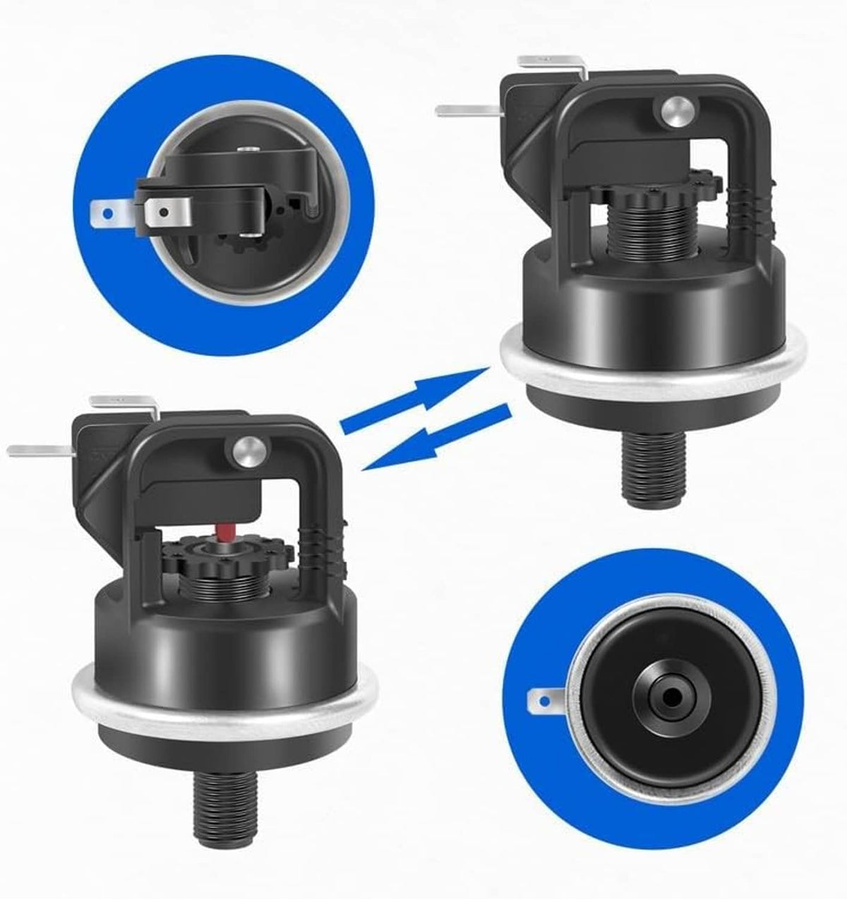 Hayward water pressure switch replacement with ports and mounting pins, black threaded base
