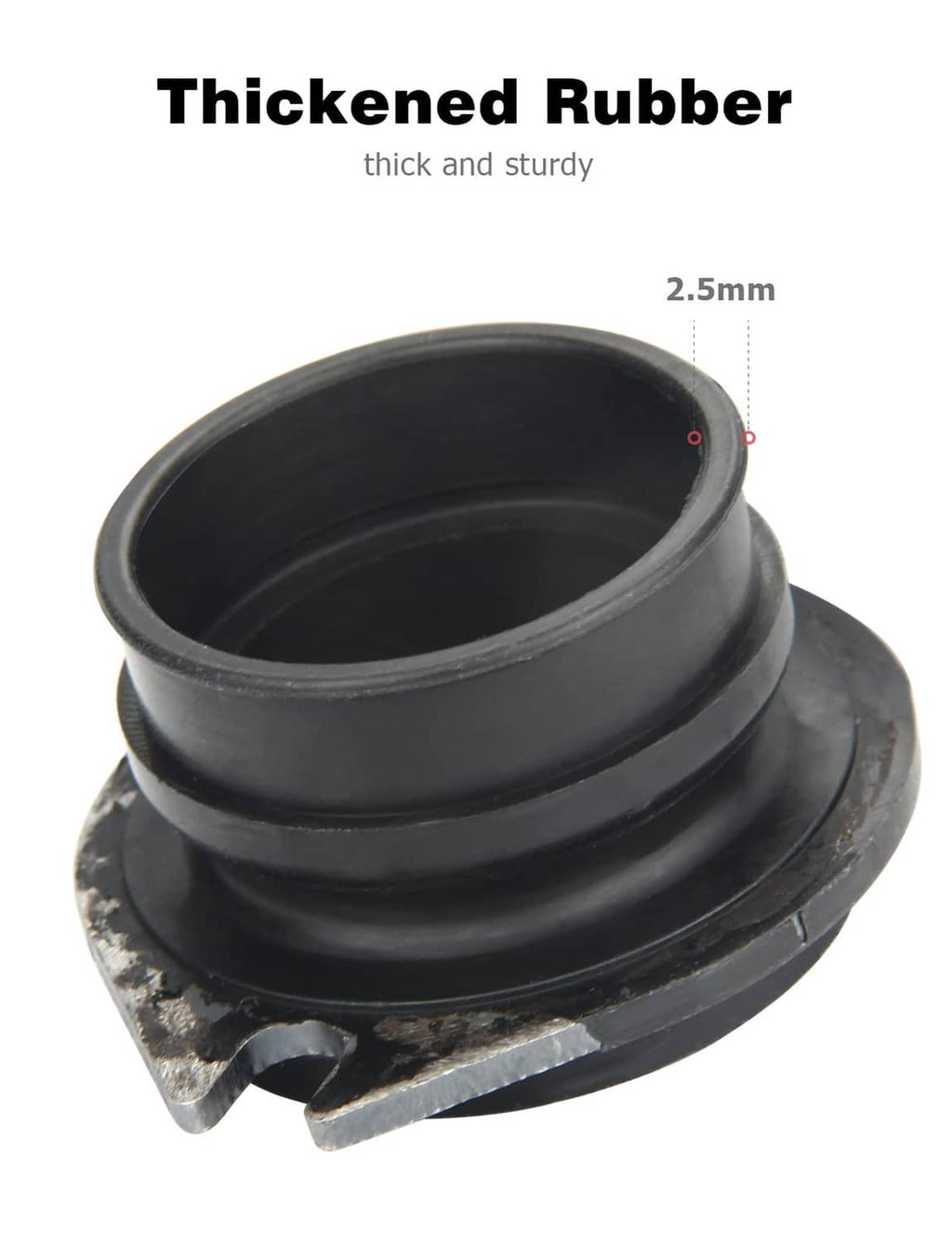 Thick black rubber flex coupler with flanged rim and notched retaining edge