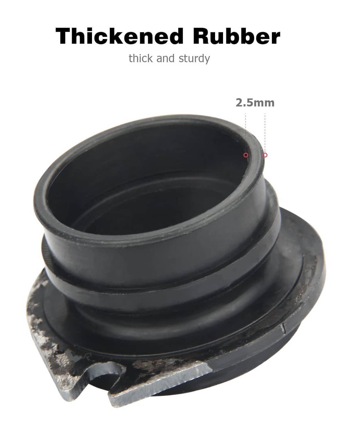 Thick black rubber flex coupler with flanged rim and notched retaining edge