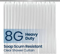 Clear PEVA shower curtain liner with vertical pleats and top grommet header.