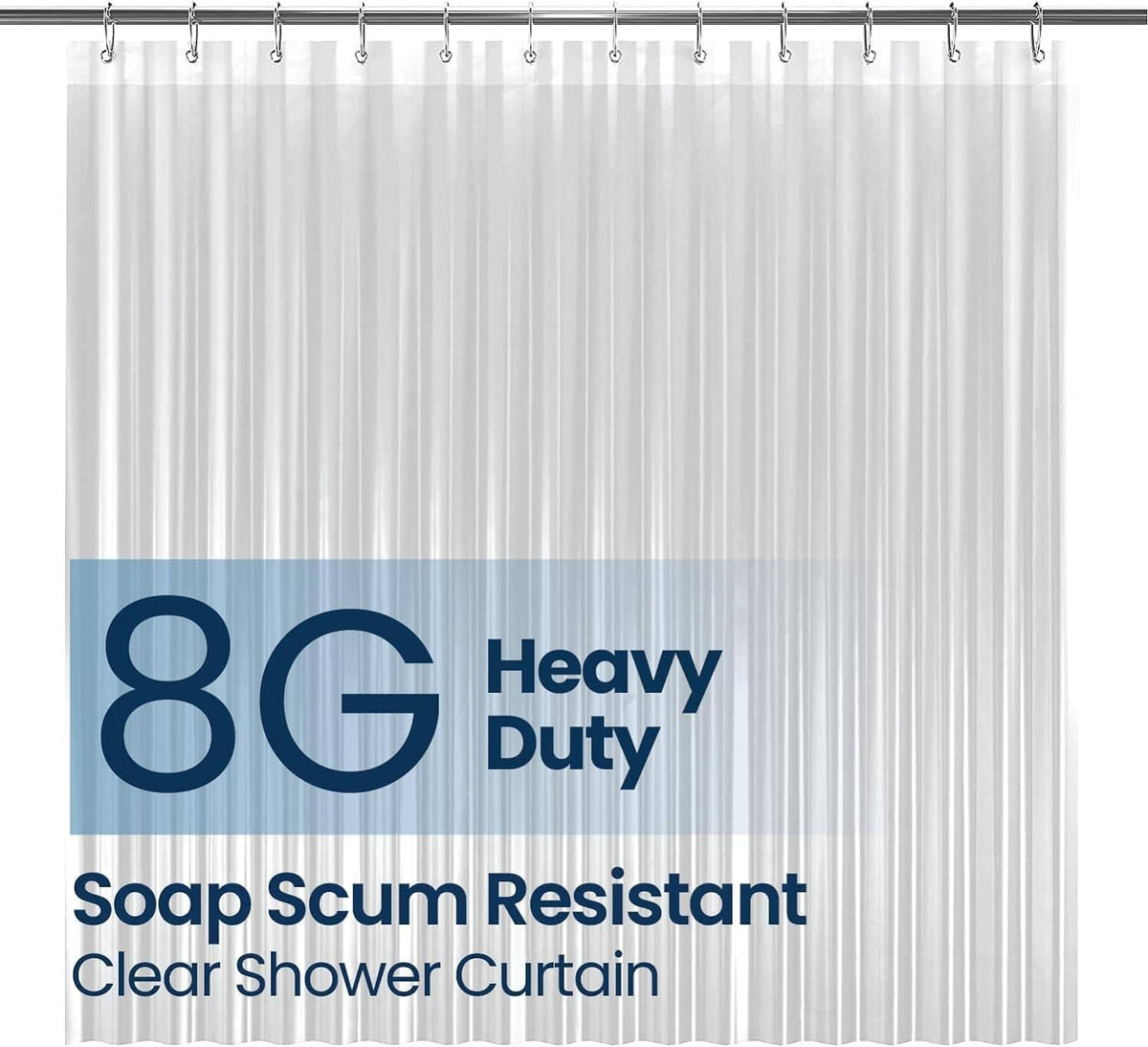 Clear PEVA shower curtain liner with vertical pleats and top grommet header.