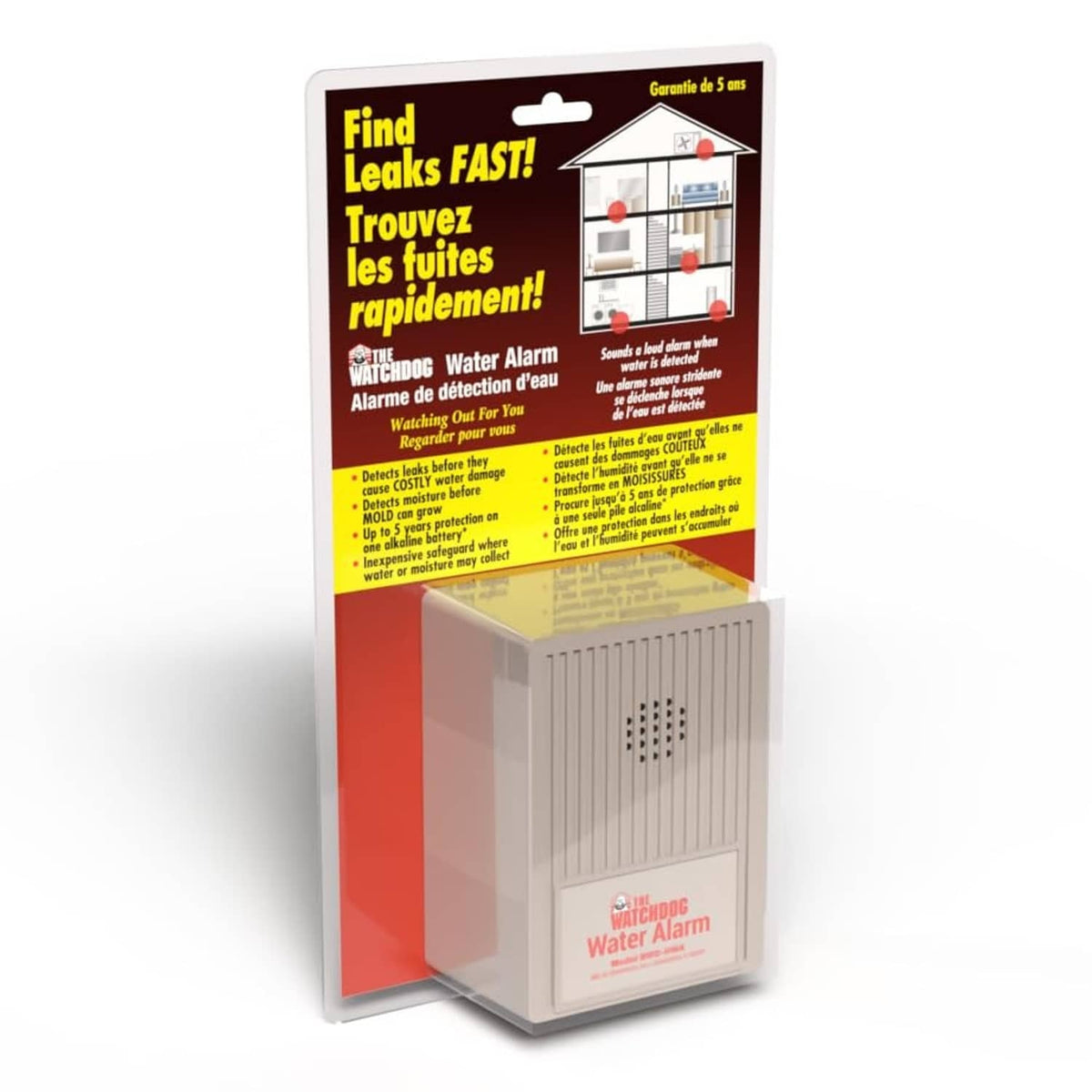 Water leak alarm retail box with alarm device shown through window