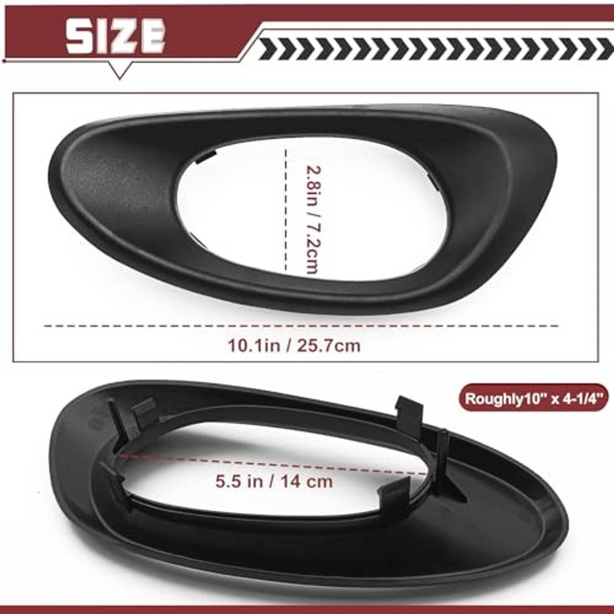 Left interior door handle trim bezel cover dimensions, black oval bezel with mounting clips