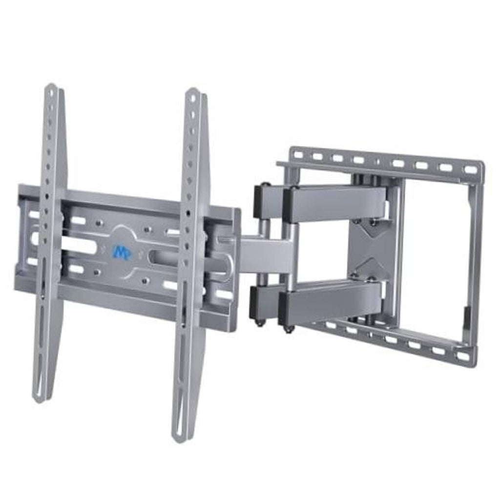 Silver grey TV wall mount bracket with extendable arms and VESA mounting plate
