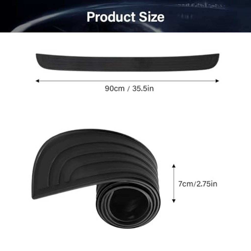 Black curved rear bumper protector strip with ribbed grip surface and roll end