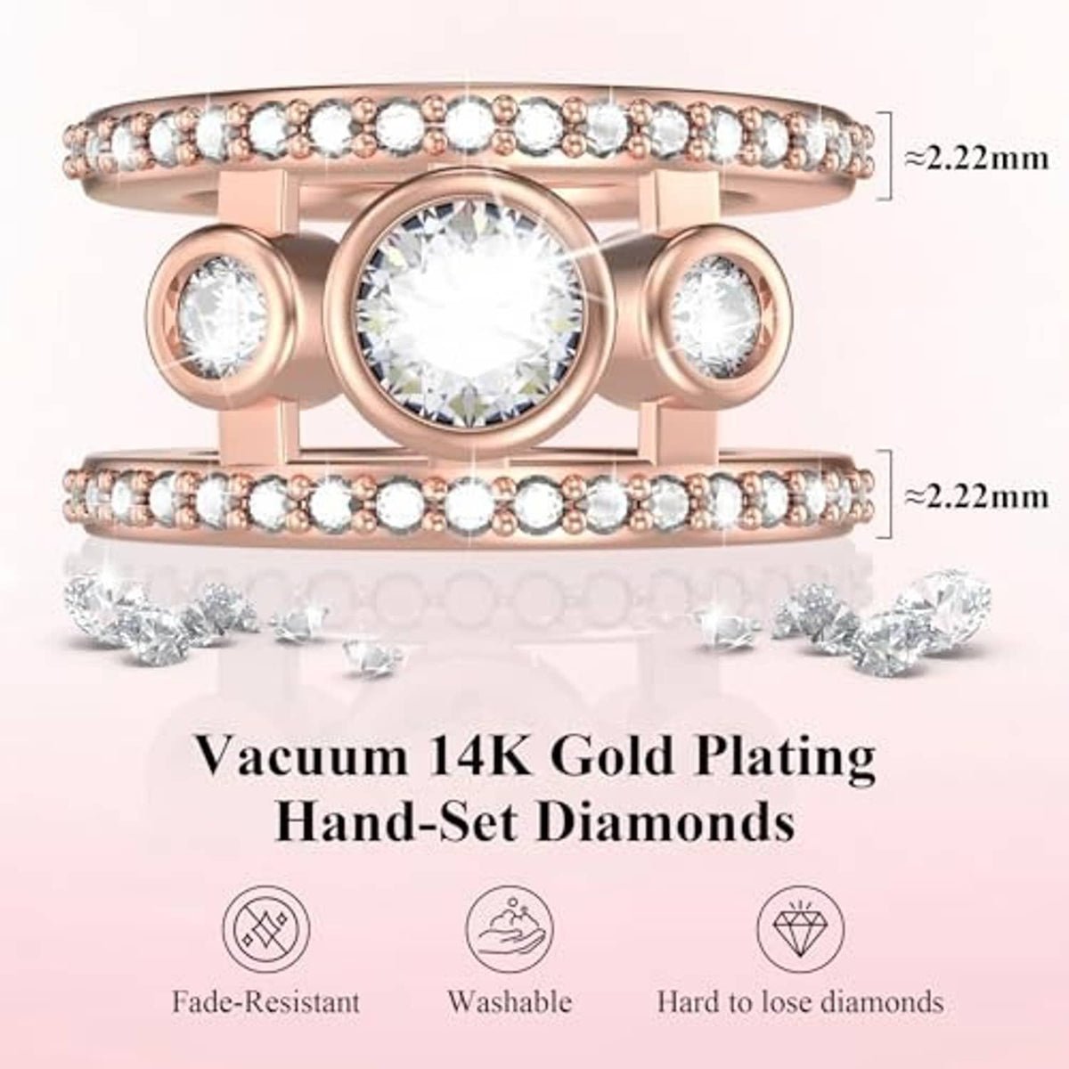 Rose gold-tone jacket ring with large round center stone and halo, flanked by clear accents