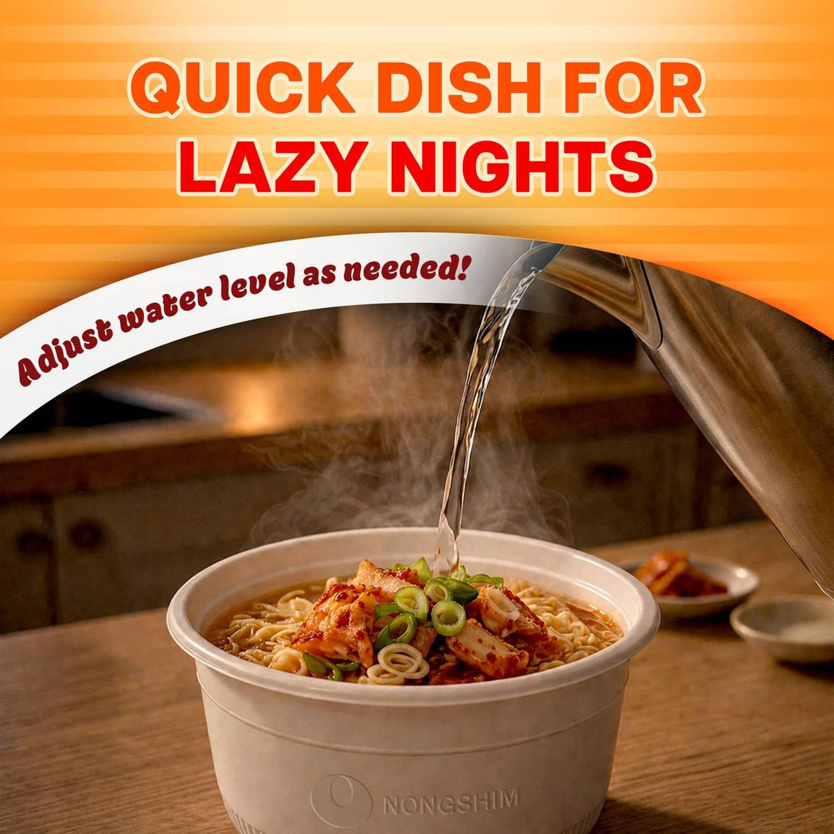 Instant ramen bowl as hot water pours into the cup for cooking