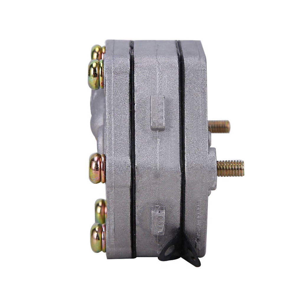 Fuel pump with dark gray metal cover and brass terminals on the side