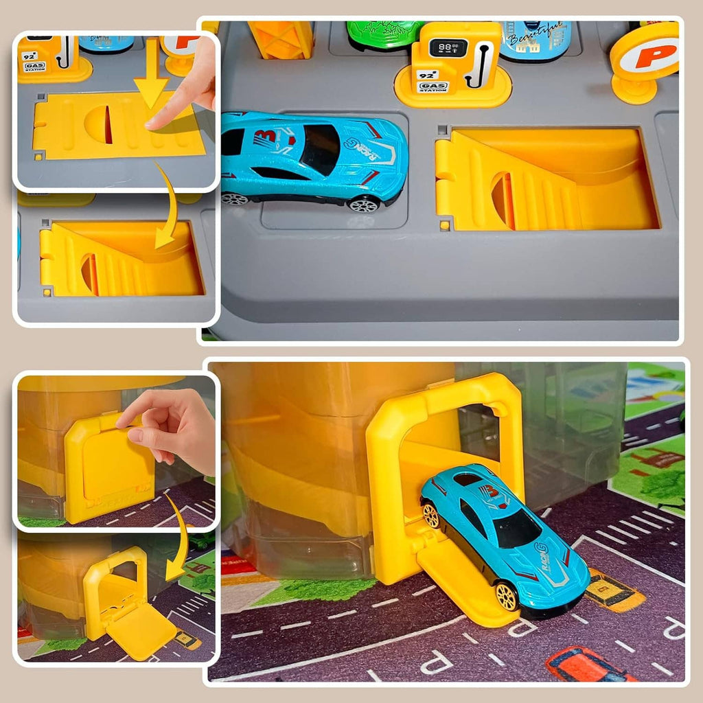 Close-up of orange doors and compartments on car track storage playset with toy cars