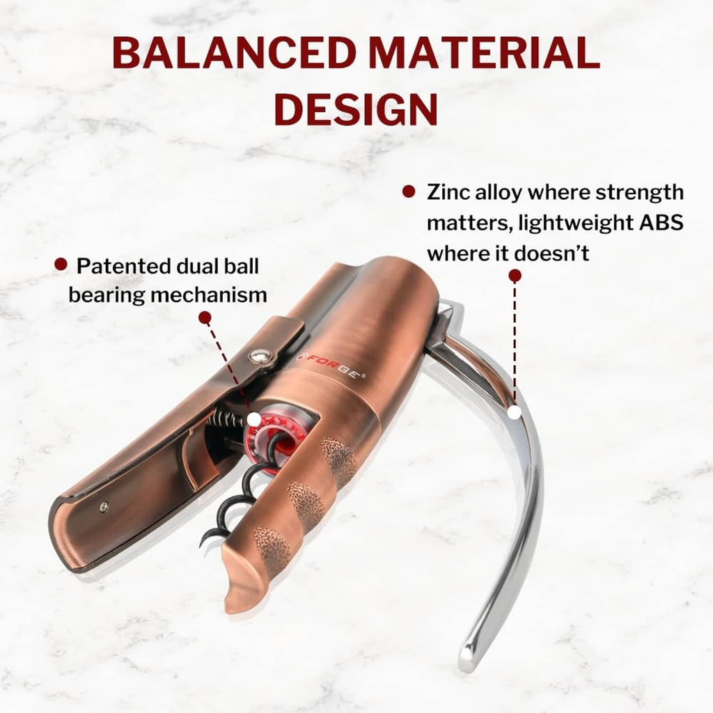 Copper corkscrew lever wine opener with chrome arm and dual-ball bearing mechanism