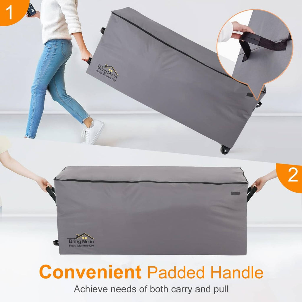Grey rolling storage bag with padded handle and wheeled base