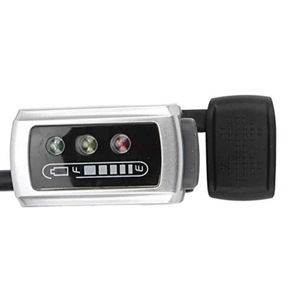 Thumb throttle switch close-up with silver faceplate, LED indicator and black rubber grip