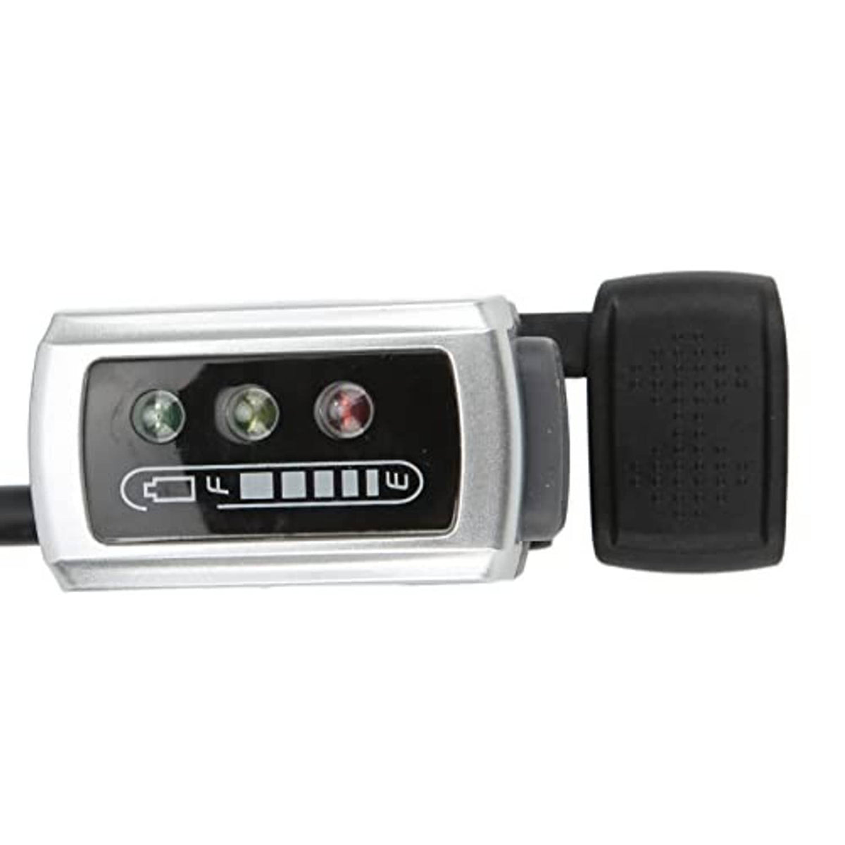Thumb throttle switch close-up with silver faceplate, LED indicator and black rubber grip