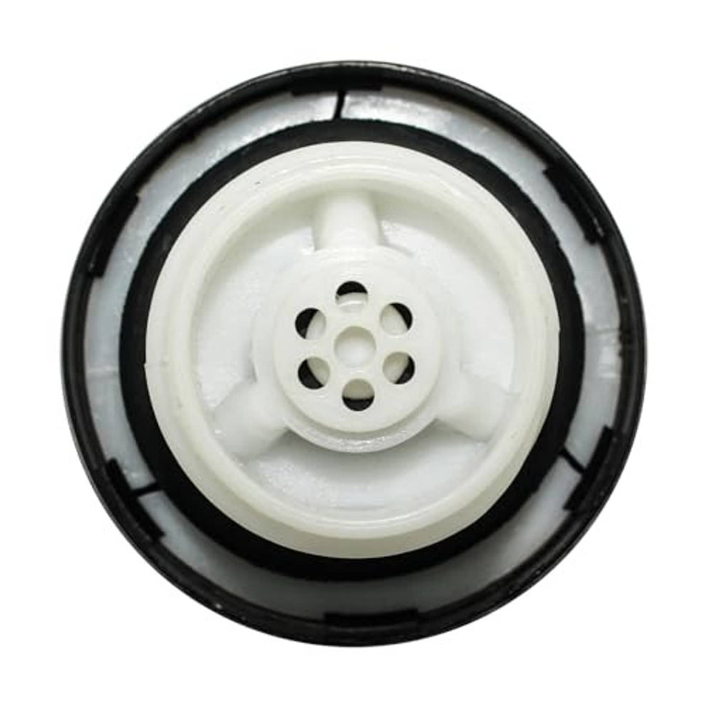 Round fuel tank cap with black outer ring and white inner connector vent holes