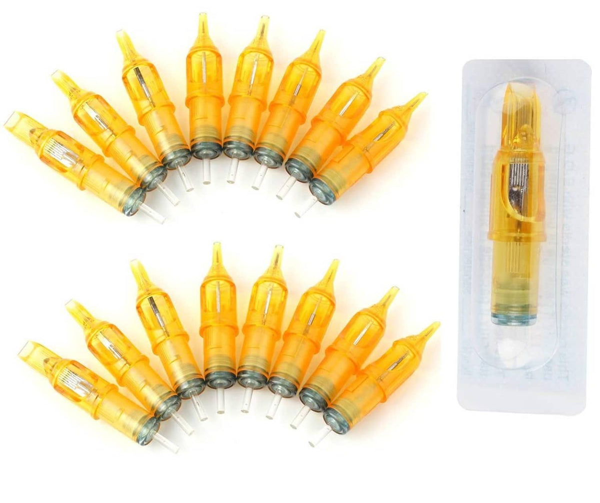 Set of orange disposable tattoo needles in blister pack, mixed assorted tips