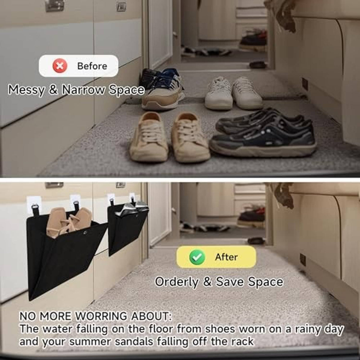 Black wall-mounted shoe storage pockets holding sneakers to keep the floor clear