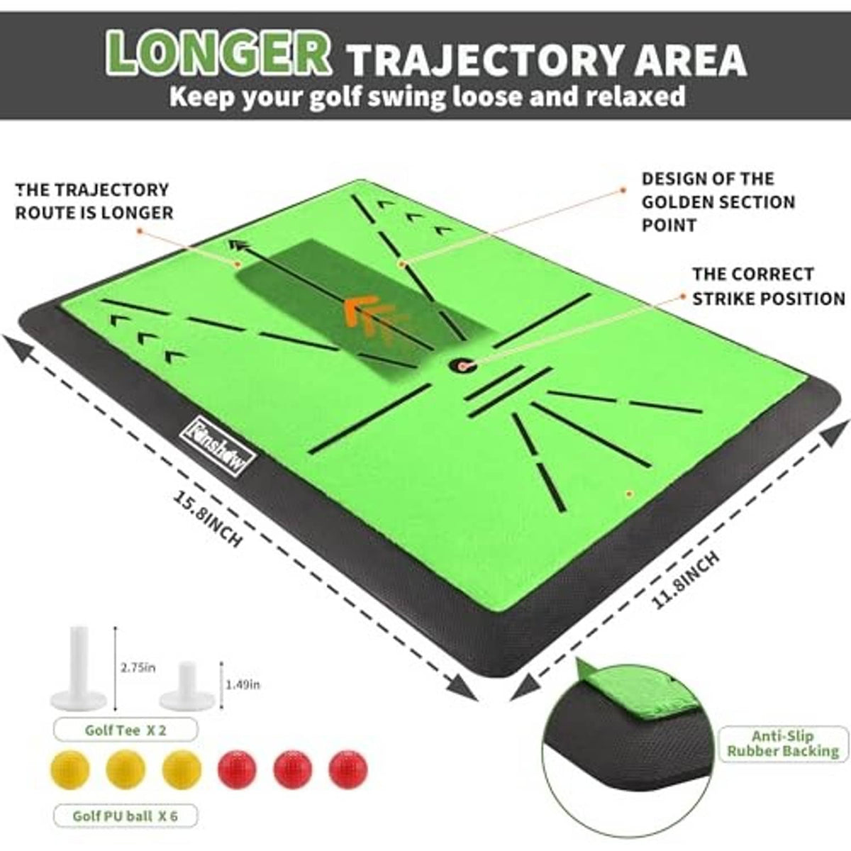 Golf swing trajectory mat with green surface, black base, and illustrated strike target lines