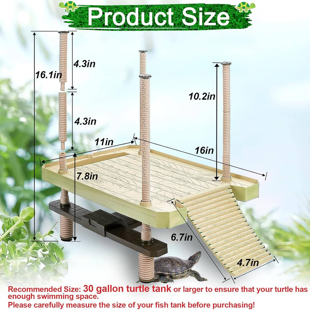Floating turtle dock with feeding ramp, stacked textured steps, and support posts