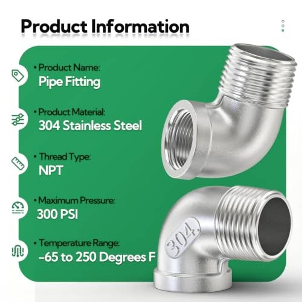 304 stainless steel pipe fitting with 90-degree elbow and NPT threads on green info panel