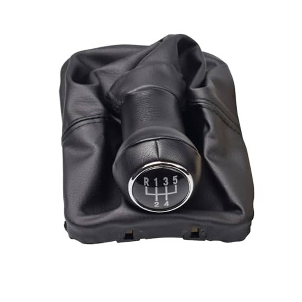 Black leather gear shift knob and boot with round chrome plate showing R and 1–5
