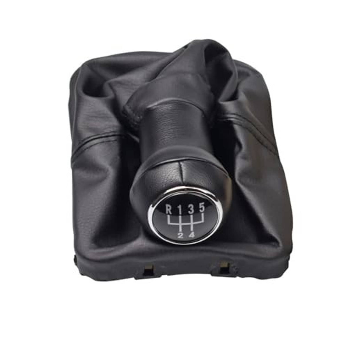 Black leather gear shift knob and boot with round chrome plate showing R and 1–5
