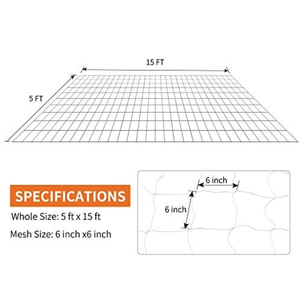 Trellis netting size diagram showing 15 ft length and mesh detail measurement