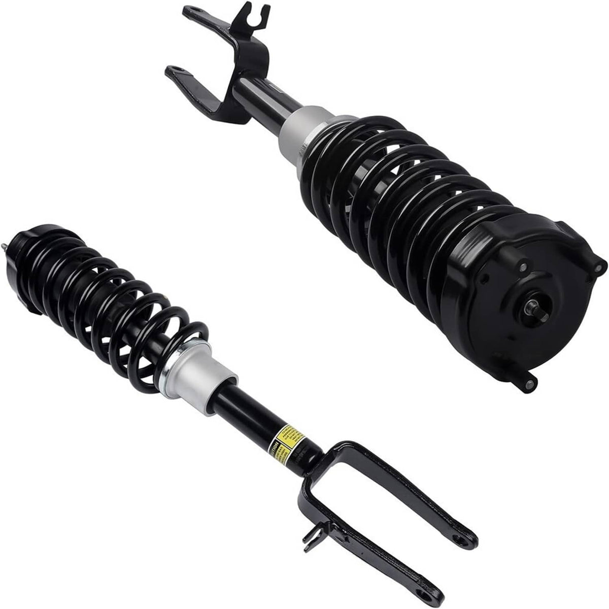 Front shock strut assembly pair angled view, black body and silver spring coils
