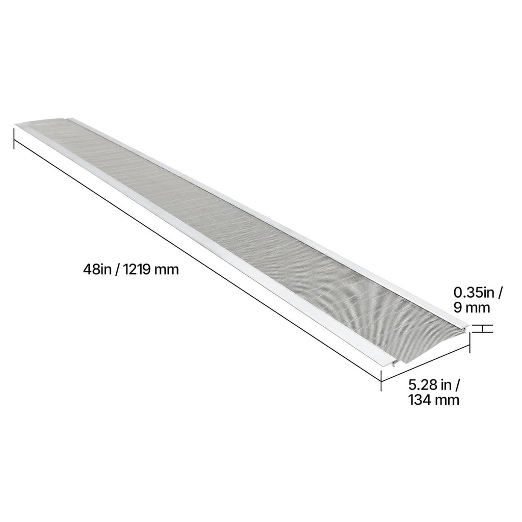 Single 5-inch gray gutter cover panel with fine steel mesh and side flanges