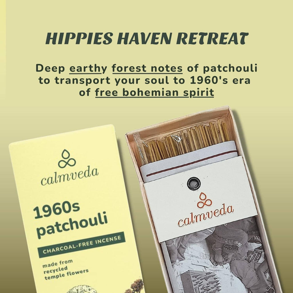 Calmveda 1960s patchouli charcoal-free incense sticks box with open top and bundle inside