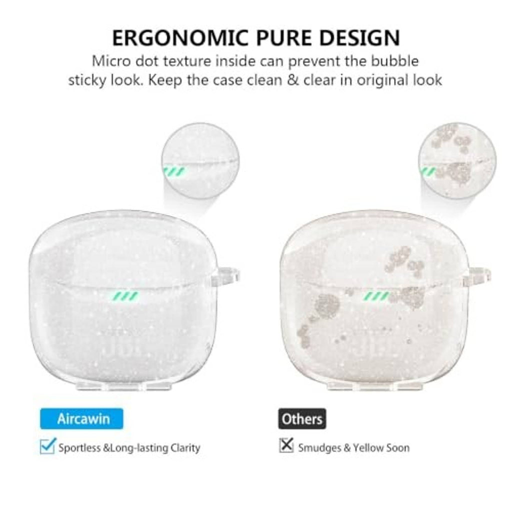Clear glitter earbuds case with micro-texture design, front and side views