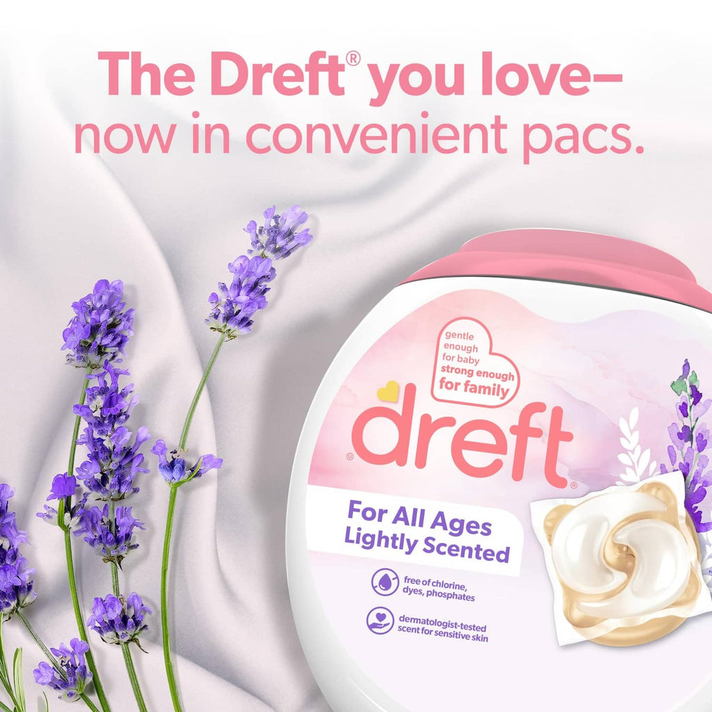 Dreft lightly scented detergent bottle with lavender flowers on fabric