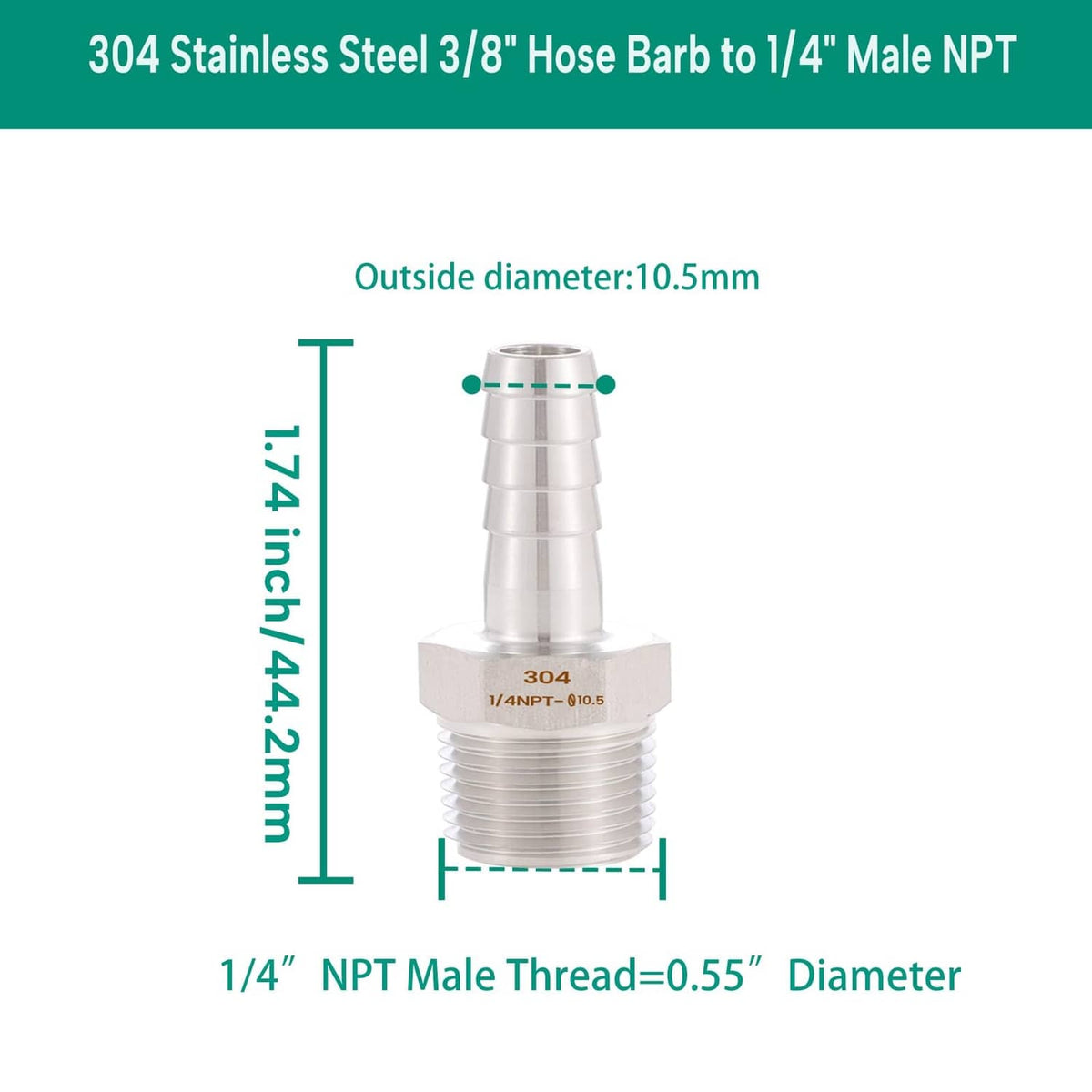 304 stainless steel 3/8 hose barb to 1/4 male NPT fitting, shown with size markings