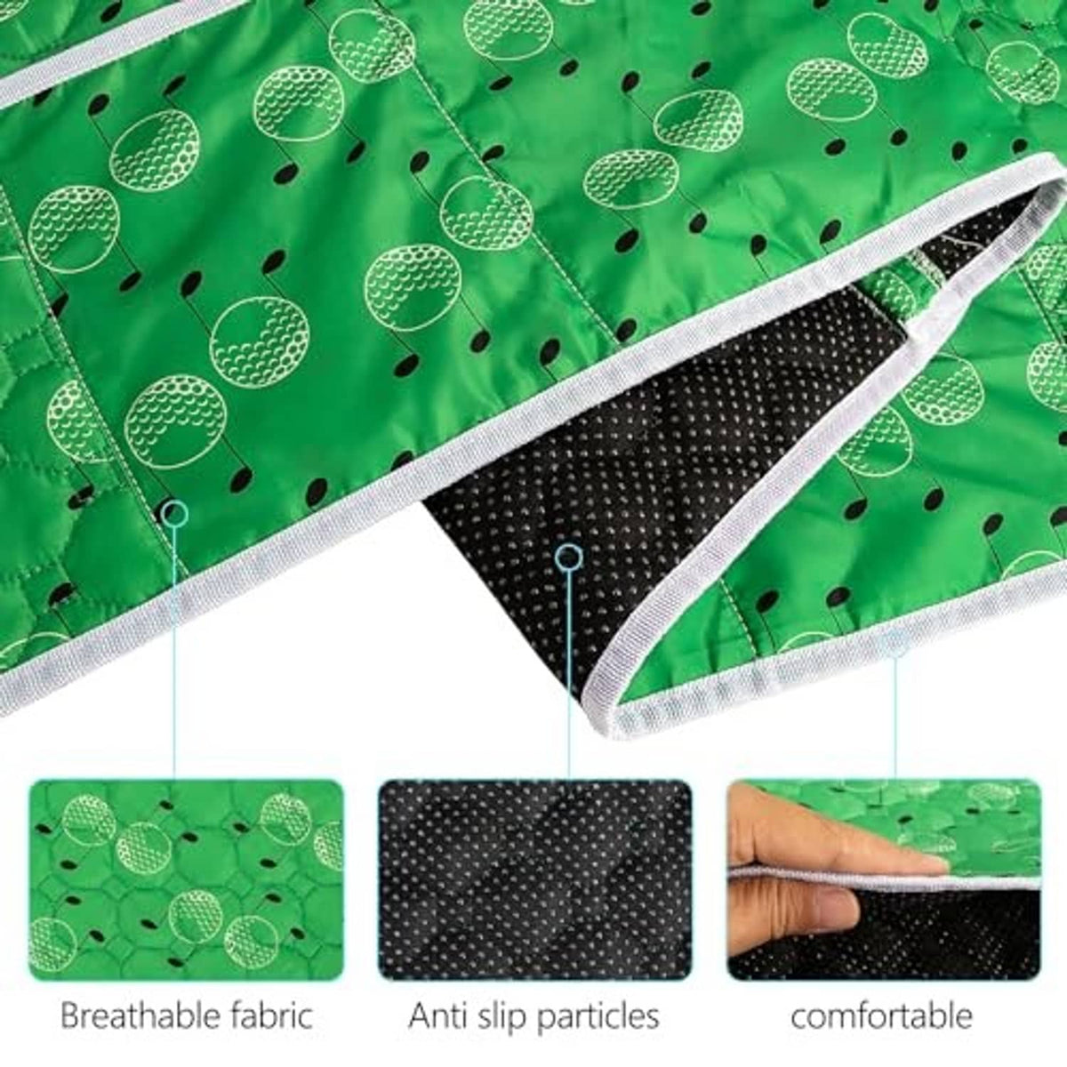 Green patterned seat cover fabric with white edge trim and dark anti-slip dot surface