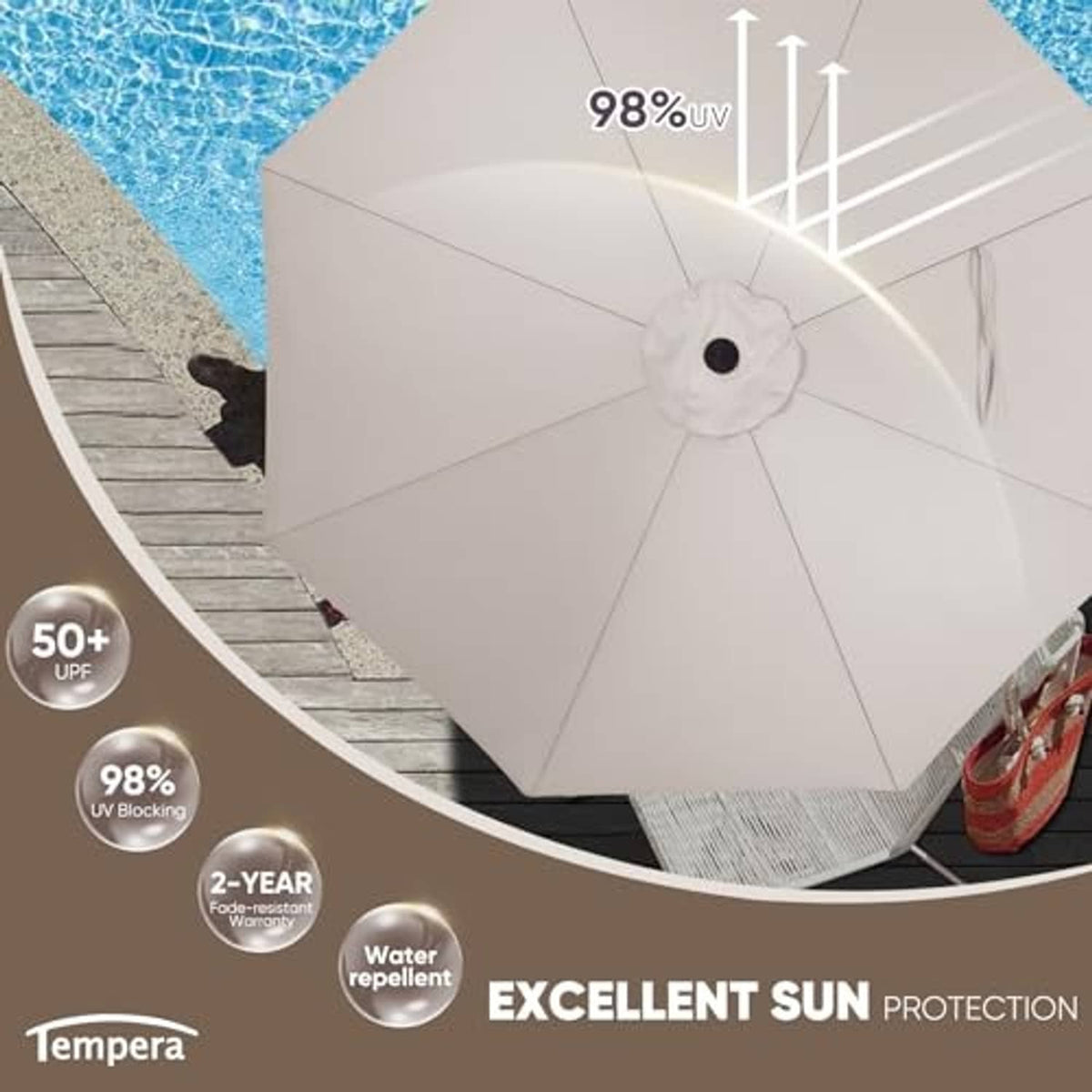 Beige outdoor umbrella canopy with central top vent and radial ribs