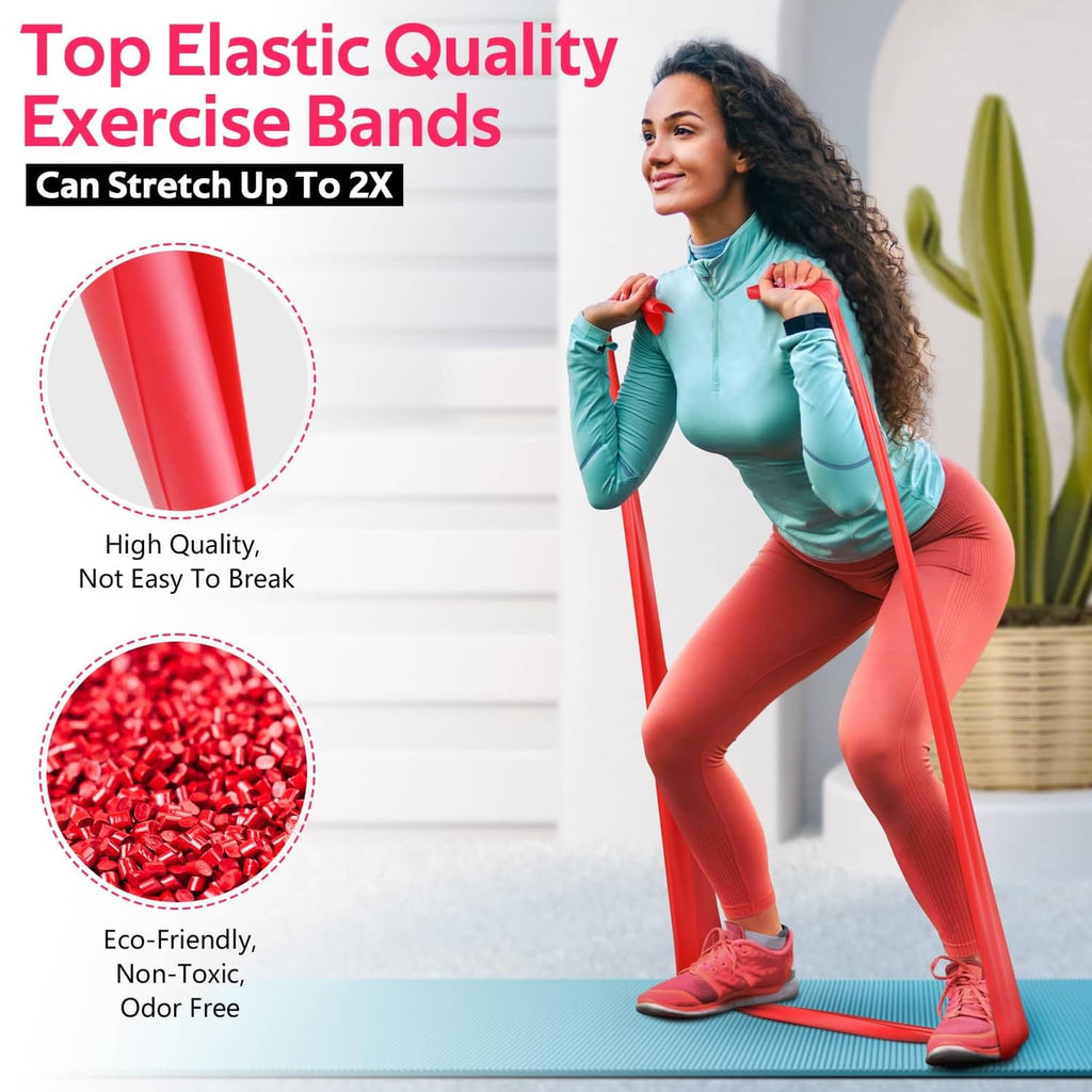 Red resistance exercise band stretched during leg workout