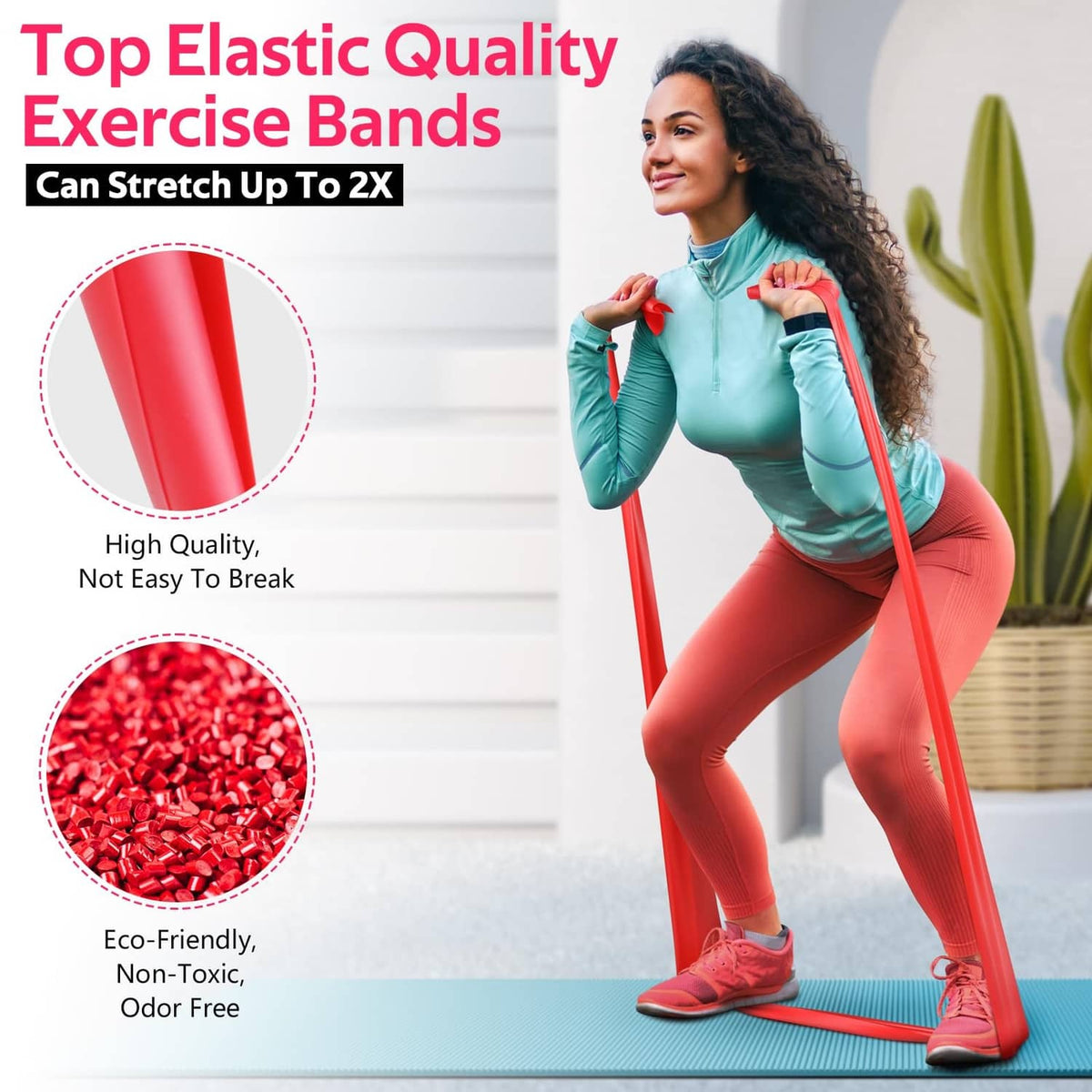 Red resistance exercise band stretched during leg workout